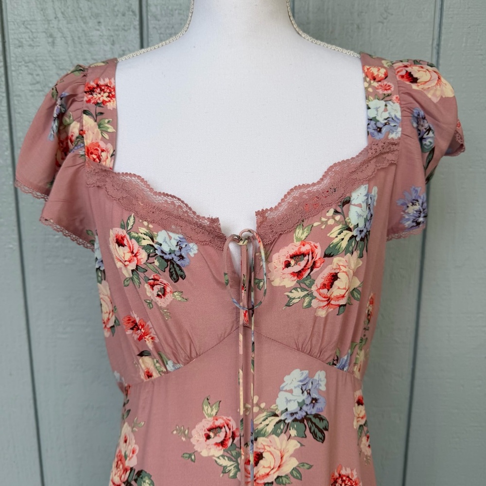 New GAP Dusty rose Pink Floral Midi flowy peasant coquette smocked panel Dress M - Picture 9 of 9